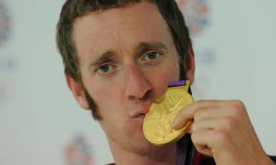 Le cycliste britannique Bradley Wiggins, champion olympique du contre-la-montre aux Jeux de Londres, le 1er août 2012