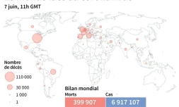 Nombre de morts liés au coronavirus officiellement annoncés par pays, au 7 juin à 11h GMT
