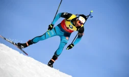 Le biathllète Martin Fourcade lors du 10 km sprint aux Mondiaux, le 11 février 2017 à Hochfilzen (Autriche)