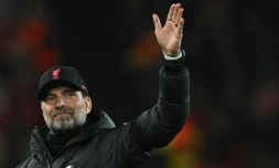 L'entraîneur allemand de Liverpool Jürgen Klopp à la fin du quart de finale retour de Ligue des champions contre Benfica, le 13 avril 2022 à Liverpool