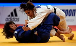 La Française Shirine Boukli, lors de sa victoire en finale (-48 kg) face à la Portugaise Catarina Costa aux Championnats d'Europe de judo, le 29 avril 2022 à Sofia