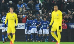 Les Strasbourgeois fêtent le but de Stéphane Bahoken contre le PSG, le 2 décembre 2017 à La Meinau