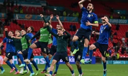 La joie des Italiens après leur victoire en prolongation du 8e de finale de l'Euro contre l'Autriche, à Londres, le 26 juin 2021