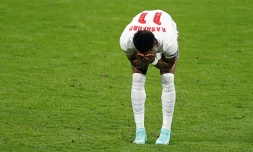 L'attaquant anglais Marcus Rashford après son tir au but raté contre l'Italie en finale de l'Euro le 11 juillet 2021 à Wembley