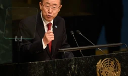 Le secrétaire général de l'ONU Ban Ki-moon à la tribune de l'organisation à New York, le 28 septembre 2015