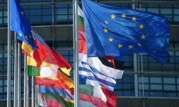 Les drapeaux européens et des pays membres de l'UE devant le Parlement européen, le 2 juillet 2019 à Strasbourg