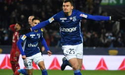 L'attaquant de Strasbourg Ludovic Ajorque vient de marquer contre Bordeaux en demi-finale de la Coupe de la Ligue, le 30 janvier 2019 à Strasbourg 