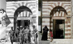 Un montage créé avec une photo fournie par les services de presse du gouvernement israélien montrant à gauche des soldats israéliens à Hébron, en Cisjordanie, en juin 1967, et une femme et un enfant palestiniens au même endroit le 29 mai 2017