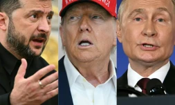 Ce combo montre de gauche à droite le président ukrainien Volodymyr Zelensky à Whasington le 18 août 2025, le président américain Donald Trump le 22 août 2025 à Washington et le président russe Vladimir Poutine à Anchorage, Alaska, le 15 août 2025
