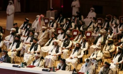 Des membres de la délégation talibane aux pourparlers de paix avec le gouvernement afghan, à Doha le 12 septembre 2020