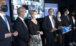 Le président sortant de la région Provence-Alpes-Côte d'Azur Renaud Muselier (LR) présente sa liste le 14 mai 2021 à Marseille pour les élections régionales.