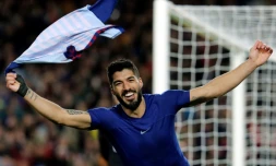 L'attaquant uruguayen du Barça Luis Suarez vient d'ouvrir le score contre l'Atlético Madrid, le 6 avril 2019 au Camp Nou de Barcelone