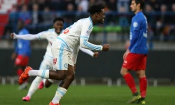 L'attaquant de Marseille Michy Batshuayi après un but contre Caen, le 17 janvier 2016 au stade Michel d'Ornano