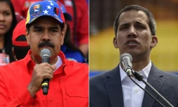 Combinaison de photos montrant Nicolas Maduro et Juan Guaido s'adressant à leurs partisans respectifs le 2 février 2019