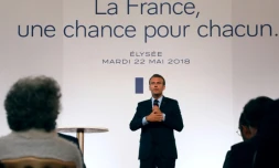 Emmanuel Macron lors de sa présentation des mesures pour les quartiers défavorisés, le 22 mai 2018 à Paris