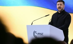 Le président ukrainien Volodymyr Zelensky s'exprime lors de la 62e Conférence de Munich sur la sécurité (MSC), le 14 février 2026 à Munich, dans le sud de l'Allemagne