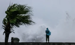Une personne observe la cÎte taïwanaise touchée par le typhon Bavi à Keelung (nord-est), le 11 juillet 2026