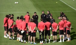 Les joueurs de l'Atletico, le 26 avril 2016 à l'entraînement à Madrid