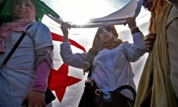 Des Algériennes sous un grand drapeau du pays lors de la manifestation d'enseignants et d'élèves contre l'extension du quatrième mandat d'Abdelaziz Bouteflika, le 13 mars 2019 à Alger