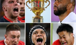 Photo montage (g à d) Ford (Angleterre), trophée Mondial, Leitch (Japon), Fuka (Japon), Kolbe (AfS), Adams (Galles) au Mondial, le 14 octobre 2019 à Tokyo        