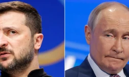 Montage photos du 12 mai 2025 des présidents ukrainien Volodymyr Zelensky (g) et russe Vladimir Poutine