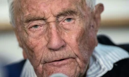 David Goodall en conférence de presse à Basel en Suisse, le 9 mai 2018, la veille de son suicide assisté