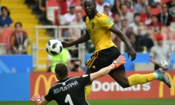 L'avant-centre belge Romelu Lukaku marque contre la Tunisie, le 23 juin 2018 à Moscou