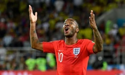 L'attaquant anglais Raheem Sterling  face aux Colombiens en 8e de finale du Mondial, le 3 juillet 2018 à Moscou