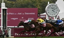 Le jockey italien Lanfranco Dettori franchit, sur sa jument "Enable", la ligne d'arrivée du Prix de l'Arc de Triomphe à Paris le 7 octobre 2018