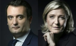 COMBO de photographies avec à gauche le vice-président du FN Florian Philippot, le 13 mai 2016 à Paris et la présidente du Front national Marine Le Pen le 17 octobre 2016 à Nanterre