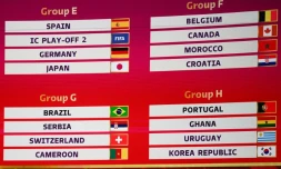 La composition des groupes E, F, G et H Ă l'issue du tirage au sort du Mondial qatari Ă Doha, le 1er avril 2022