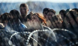 Une femme crie lors d'une manifestation de migrants à la frontiÚre entre la GrÚce et la Macédoine, le 2 mars 2016