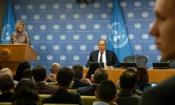 Le ministre russe des Affaires étrangÚres Sergueï Lavrov lors d'une conférence aprÚs son intervention à la tribune de l'Assemblée générale de l'ONU, le 23 septembr 2023 à New York