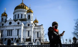 Devant la cathédrale du Christ-Sauveur à Moscou, le 26 mars 2020