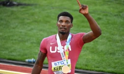 L'Américain Fred Kerley après sa victoire en finale du 100 m aux Mondiaux de Eugene, aux Etats-Unis, le 16 juillet 2022