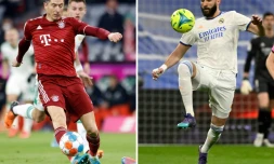 Montage photo de l'attaquant polonais du Bayern Munich Robert Lewandowski (contre l'Union Berlin, le 19 mars 2022), et de son homologue français du Real Madrid Karim Benzema (contre Getafe, le 9 avril 2022)