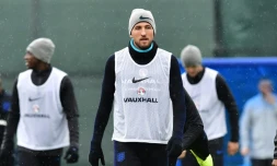 L'attaquant vedette de l'Angleterre Harry Kane lors d'une séance d'entraînement, le 6 juillet 2018 à Repino