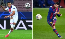 Combophoto représentant les stars du PSG, Kylian Mbappé, et du FC Barcelone, Lionel Messi, à quelques jours de leurs retrouvailles en Ligue des champions