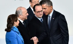 Ségolène Royal, Laurent Fabius, Ban Ki-moon, François Hollande et Barack Obama le 30 novembre 2015 au Bourget pour la COP21 