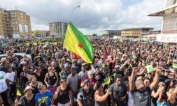 Mes manifestants agitent le drapeau de la Guyane lors d'un rassemblement en soutien à la grève générale, à Cayenne le 28 mars 2017