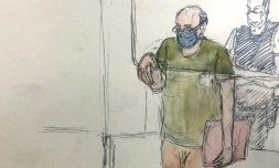 Ce croquis d'audience montre Jean-Marc Reiser (en vert) lors du procÚs devant la cour d'assises du Bas-Rhin pour l'assassinat présumé de Sophie Le Tan, le 28 juin 2022 à Strasbourg