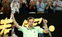 Daniil Medvedev aprĂšs sa victoire en demi-finale de l'Open d'Australie face Ă Stefanos Tsitsipas, le 28 janvier 2022 Ă Melbourne.