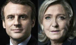 Combo réalisé le 3 avril 2017 des deux candidats en tête des sondages de la présidentielle, Emmanuel Macron, le candidat d'En marche! (G) et la présidente du Front national Marine Le Pen.