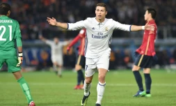 La joie de l'attaquant du Real Madrid, Cristiano Ronaldo, auteur d'un triplé face aux Japonais de Kashima Antlers en finale du Mondial des clubs, le 18 décembre 2016 à Yokohama 