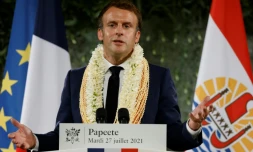 Emmanuel Macron lors de son discours avant son départ en  Polynésie française, le 27 juillet 