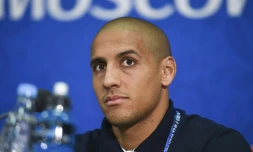 L'attaquant de la Tunisie, Wahbi Khazri, pendant une conférence de presse à Moscou, le 22 juin 2018 avant la rencontre avec la Belgique lors du Mondial en Russie