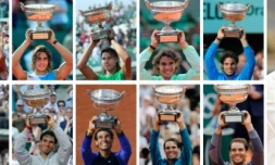Montage photos des 13 victoires de l'Espagnol Rafael Nadal au tournoi de Roland-Garros à Paris, dont la dernière (à droite), le 11 octobre 2020