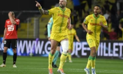 Le défenseur de Nantes Nicolas Pallois (g) buteur contre Rennes, le 11 mai 2022 à Nantes 