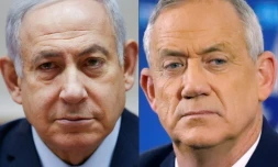 Montage photo du Premier ministre israélien Benjamin Netanyahu (à gauche, à Jérusalem le 9 décembre 2018) et de son adversaire Benny Gantz, ancien chef de l'armée (à droite, le 1er avril 2019 à Tel Aviv)