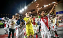 La joie des Monégasques, larges vainqueurs de l'Etoile Rouge de Belgrade, en Ligue des champions, le 22 octobre 2024 au Stade Louis-II